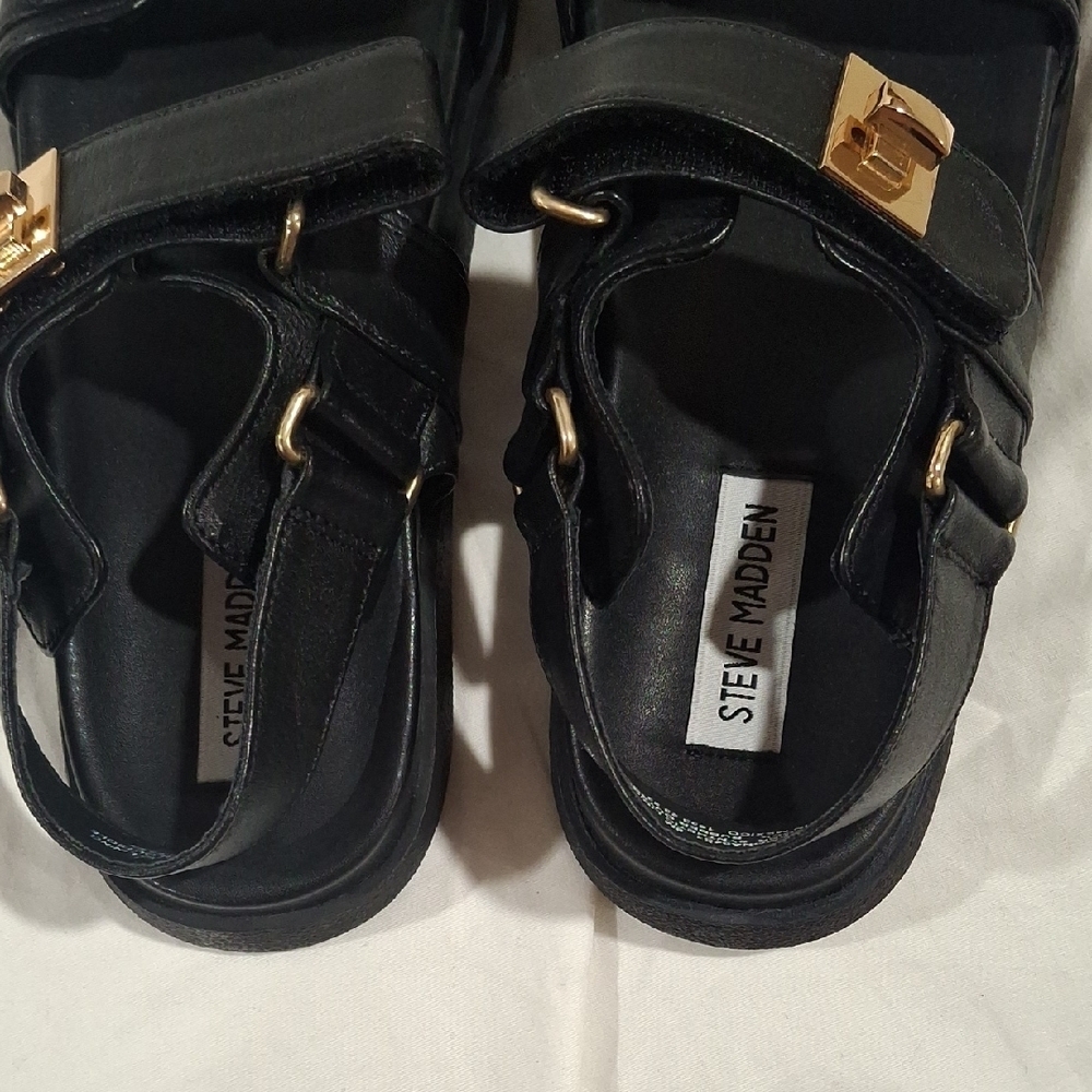 Steve Madden Black Leather Sandals with Gold Buckles - Picture 5 of 10